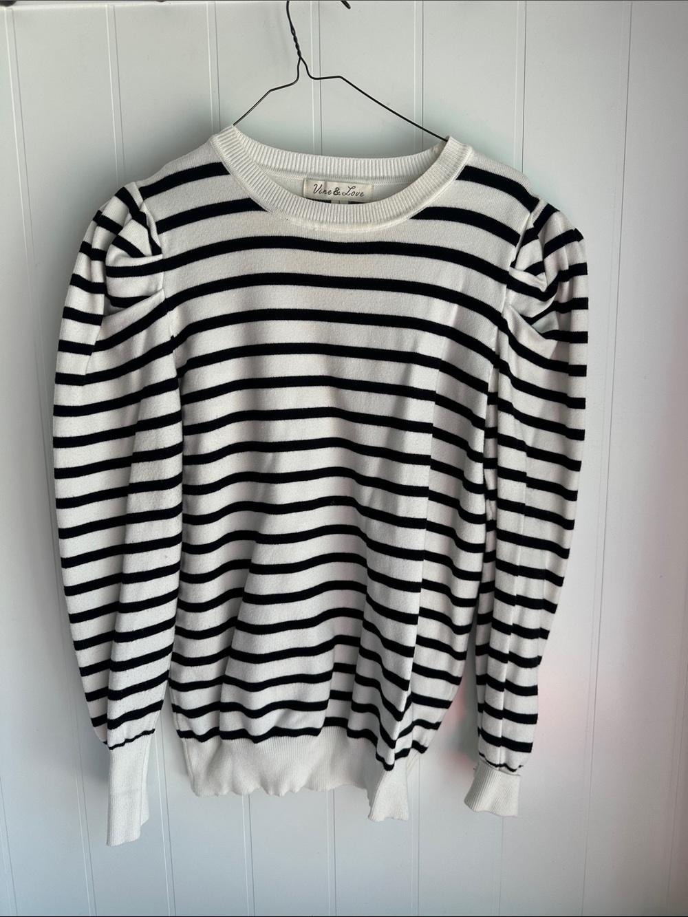 Vine & Love Black & White Striped Puff Shoulder Crewneck Sweater